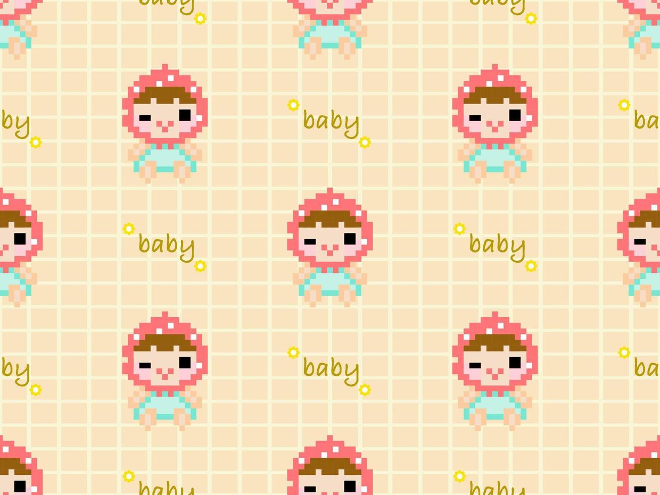 Baby cartoon character seamless pattern on yellow background.  Pixel style vector