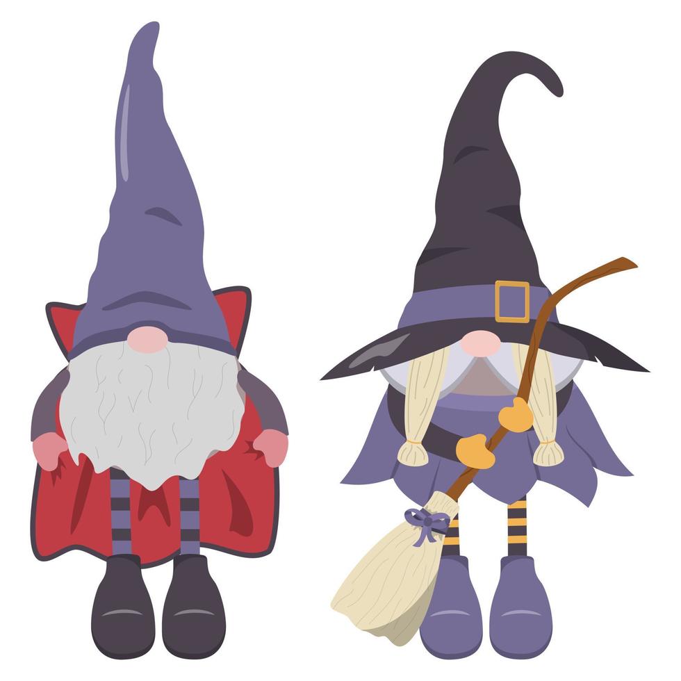 Spooky Halloween witch and vampire gnomes in cartoon style. Isolated on white backround. Vector illustration.