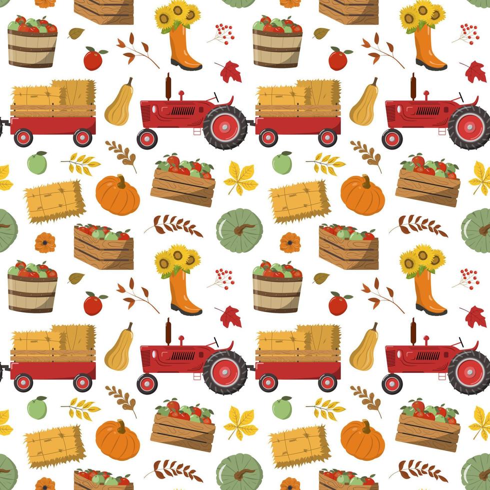 Cartoon autumn red harvest tractor and trail with hay straw, pumpkins, apples in boxes and baskets, flowers, forest leaves. Harvest, Thanksgiving day theme design. Isolated on white background. vector