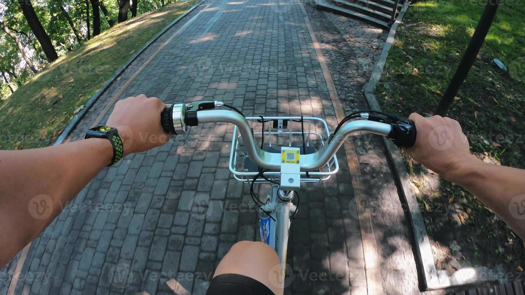 A view from the first person to the steering wheel, hands and road. photo