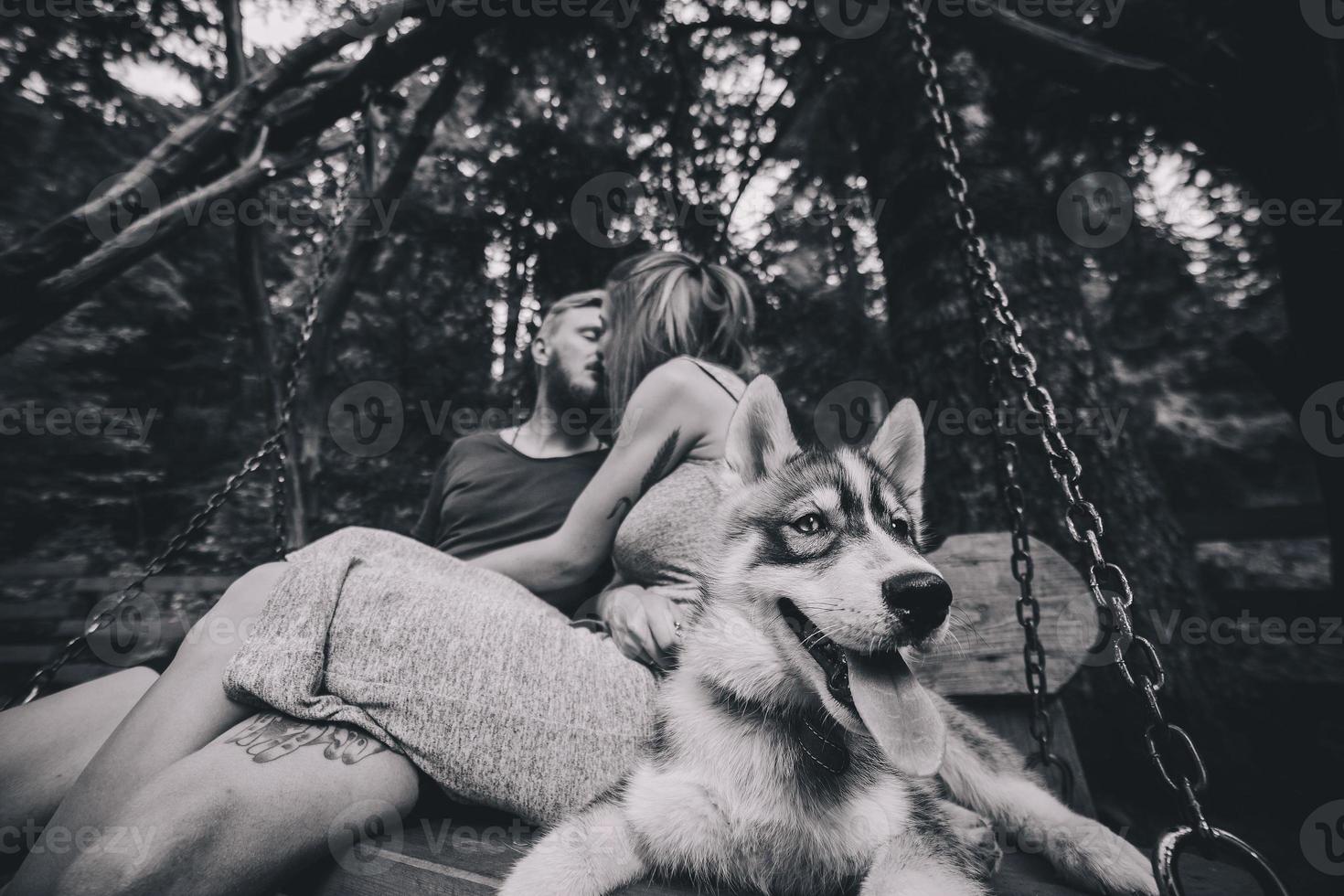 hermosa pareja junto con un perro en un columpio foto