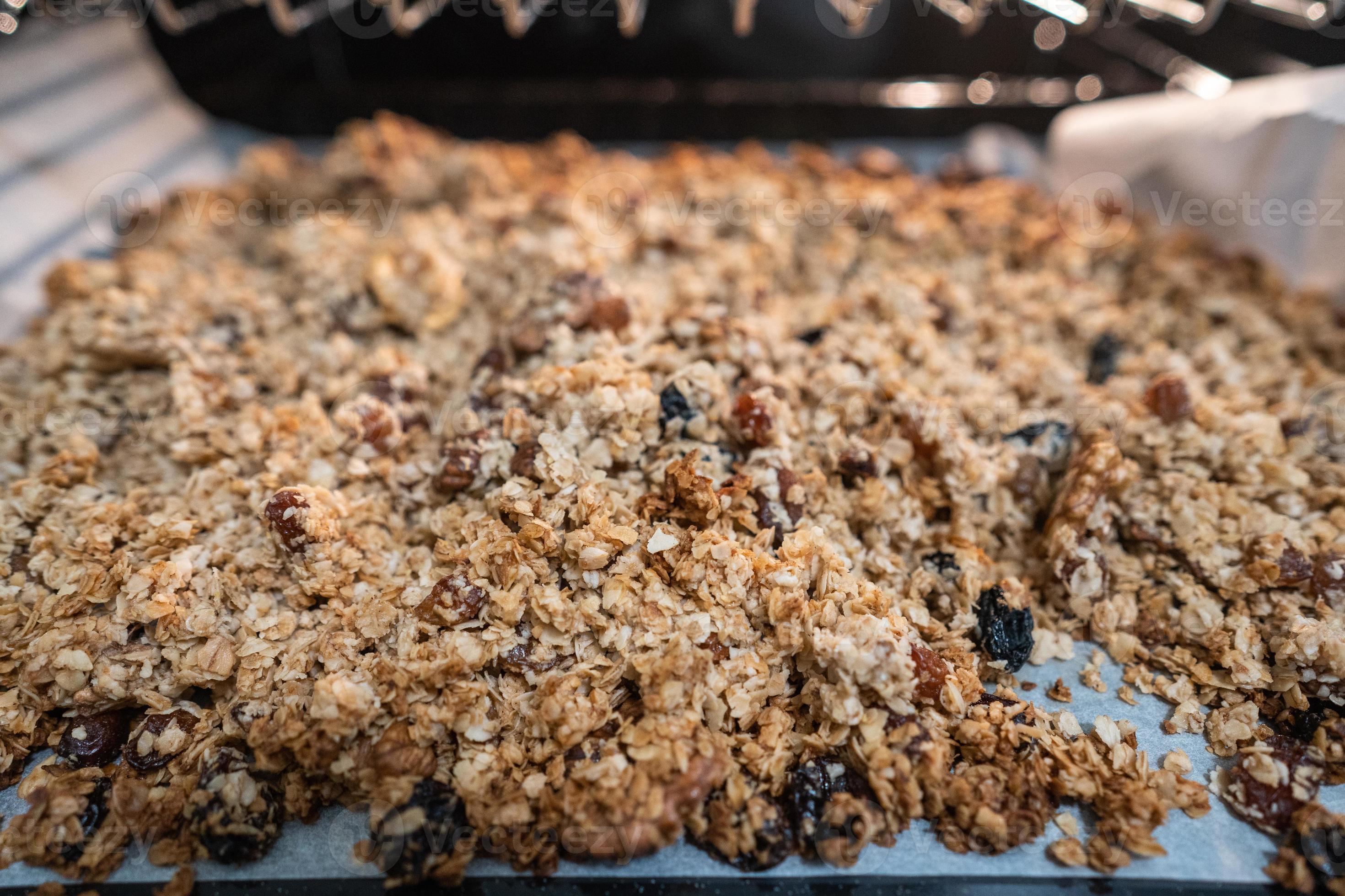 granola to cook in an electric oven. concept of simple ingredients for
