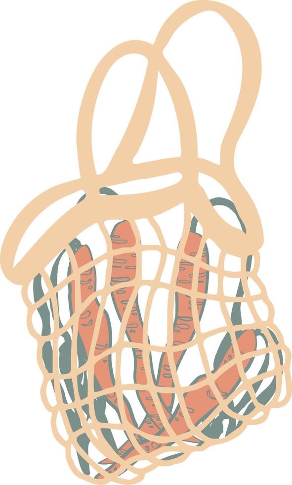 mesh bag with carrots for eco friendly living isolated vector. Fashion buyer of the Vegan Zero Waste concept. Colorful hand drawn vector illustration for banner, postcard, poster