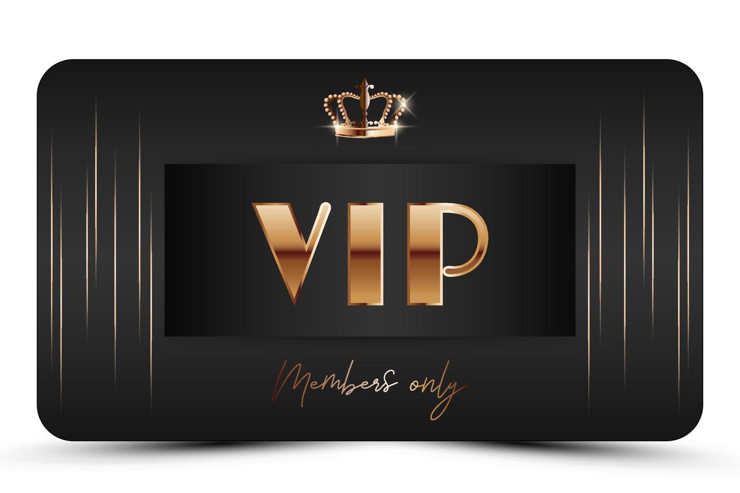 Black elegant vip card template. Modern business card for members only with golden 3d text, crown. Luxury abstract invitation. Vector illustration for loyalty, bonus card, gift certificate