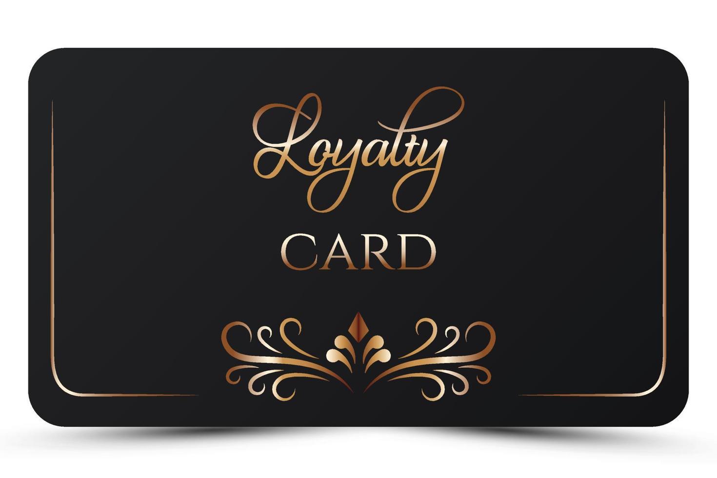 Black elegant loyalty card template. Vintage business card with royal golden 3d text, pattern. Luxury king invitation. Vector illustration for vip, bonus card, gift certificate