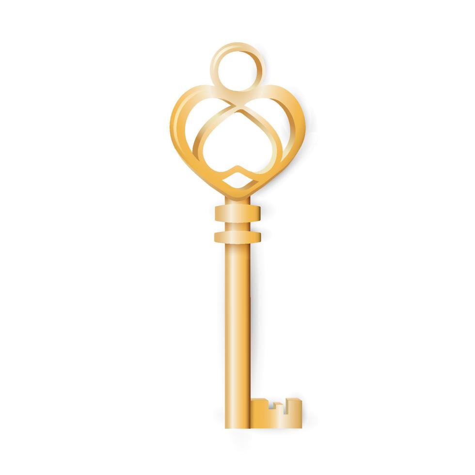Vintage gold key insulated on white background. Vector illustration in realistic style.
