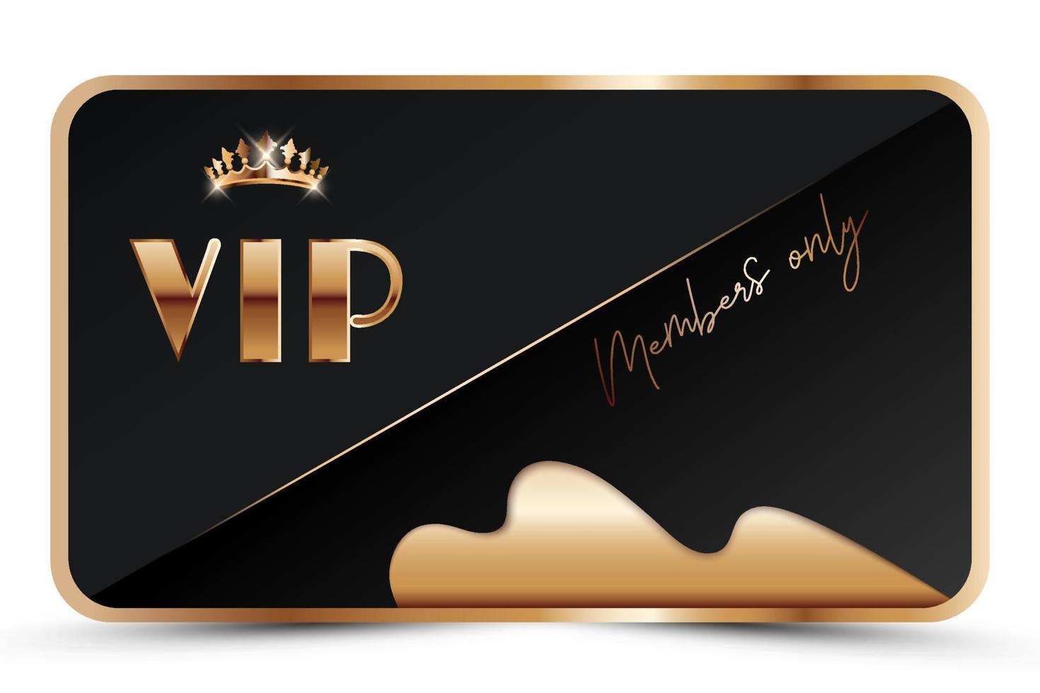 plantilla de tarjeta vip elegante negra. tarjeta de visita moderna solo para miembros con texto dorado en 3d, corona. invitación abstracta de lujo. ilustración vectorial para lealtad, tarjeta de bonificación, certificado de regalo vector