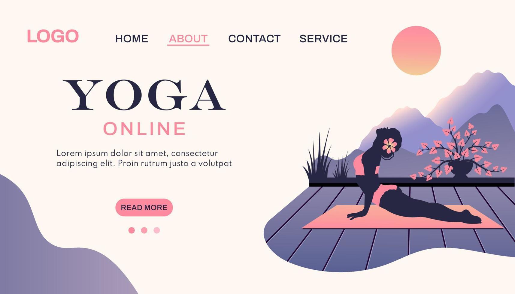 Yoga banner. Silhouette of Beautiful yoga girl in swimsuit on the beach. Female character does meditation, breathing practice outdoor. Vector flat illustration for healthy lifestyle, poster,  website