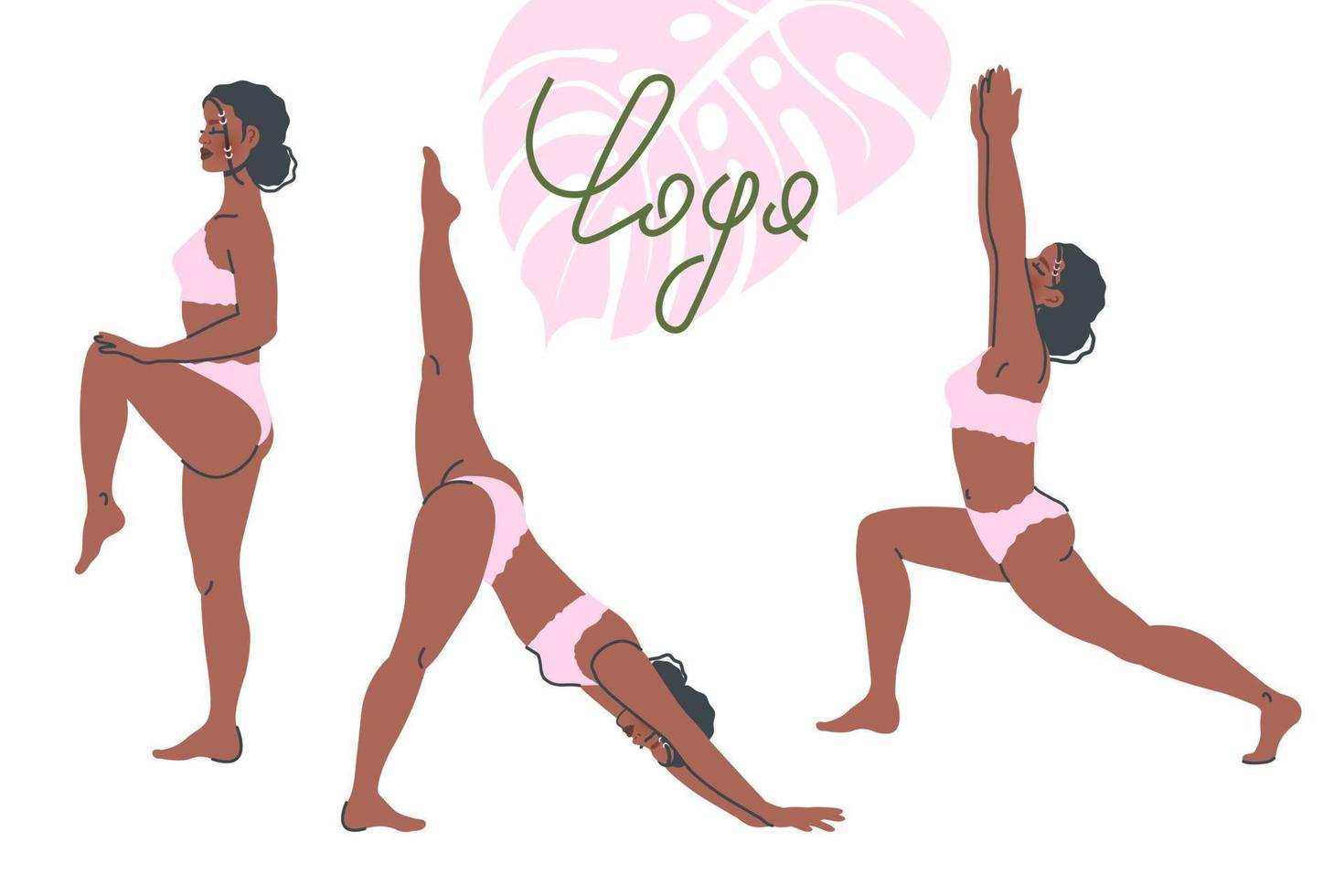 conjunto de posturas de yoga aislado sobre fondo blanco. joven negra en pose de yoga se extiende. práctica de meditación y respiración. ilustración plana vectorial para un estilo de vida saludable, deporte, pancarta, afiche vector