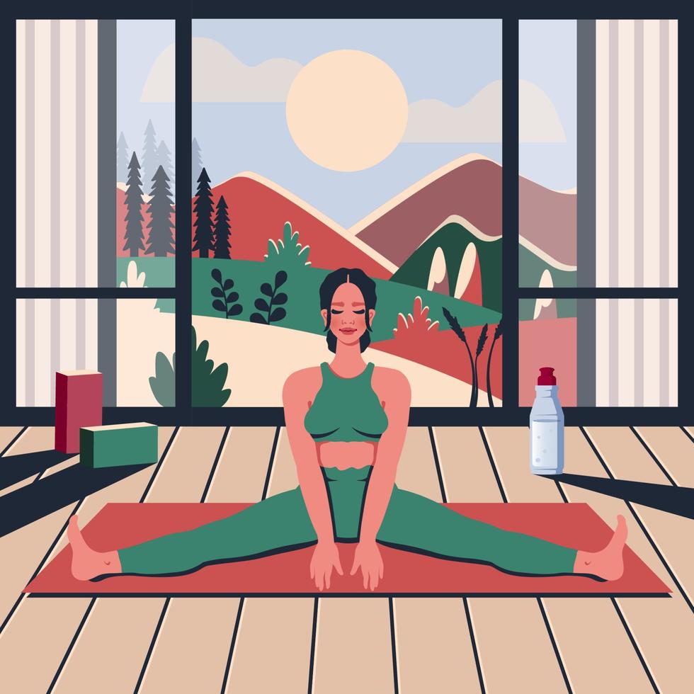 Beautiful yoga woman at home. Young yoga girl stretches indoor. Female character does meditation, breathing practice in room. Interior design. Vector flat cartoon illustration of healthy lifestyle