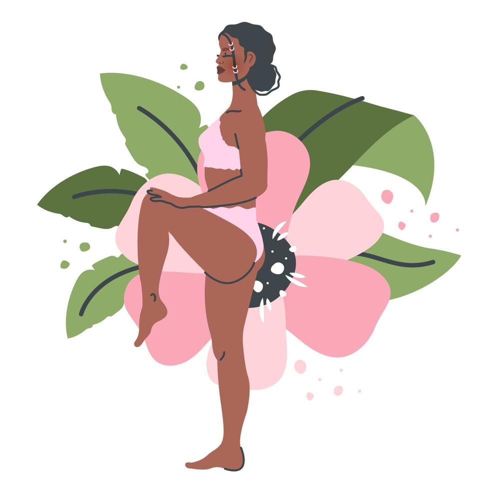 hermosa mujer de yoga aislada en el fondo de la naturaleza. joven negra en pose de yoga se extiende. práctica de meditación y respiración. ilustración de dibujos animados planos vectoriales para un estilo de vida saludable, deporte vector