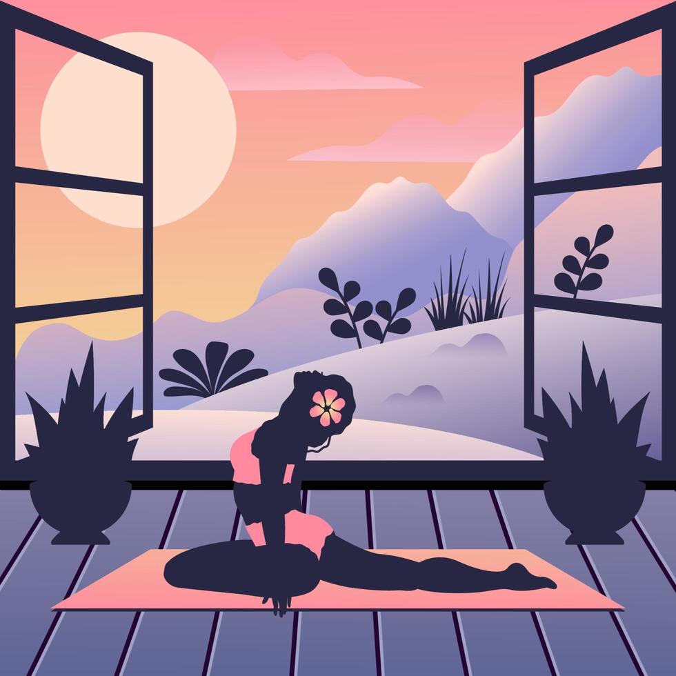 Beautiful yoga woman at home. Silhouette of young girl in Yoga pose stretches indoor. Female character does breathing practice. Vector flat gradient illustration for healthy lifestyle, sport