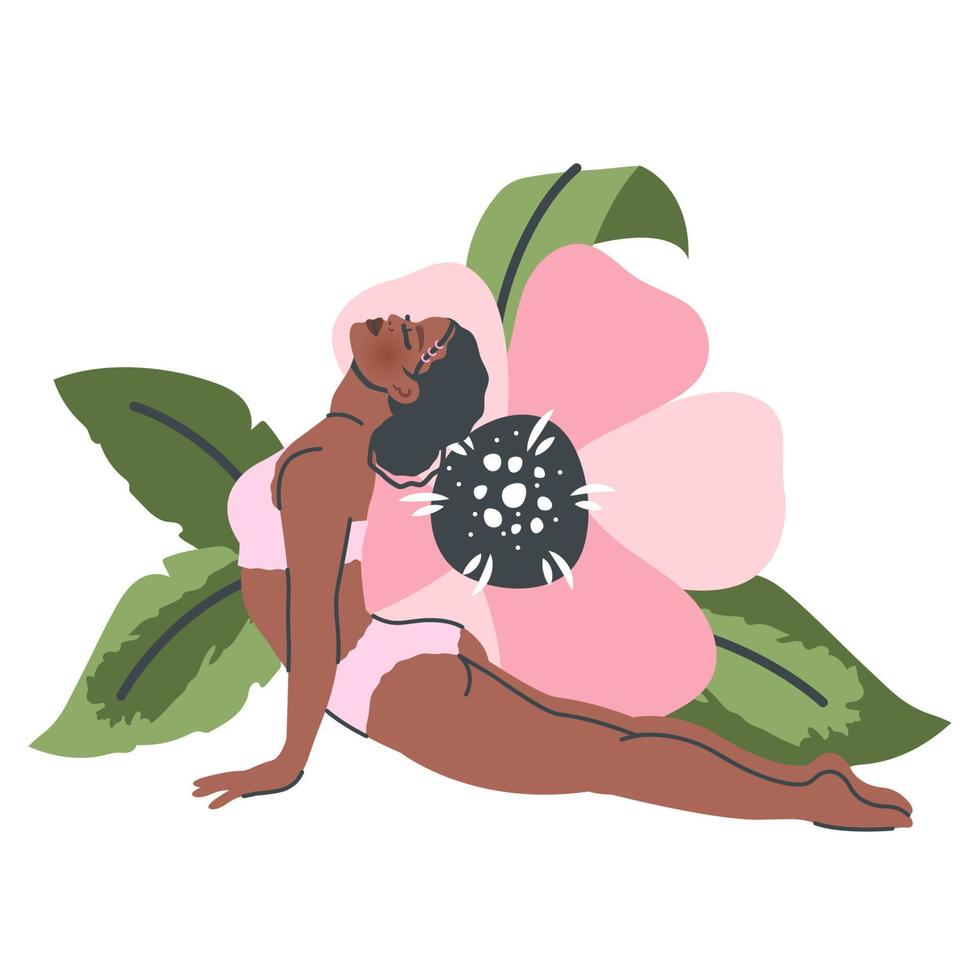 hermosa mujer de yoga aislada en el fondo de la naturaleza. joven negra en pose de yoga se extiende. práctica de meditación y respiración. ilustración de dibujos animados planos vectoriales para un estilo de vida saludable, deporte vector
