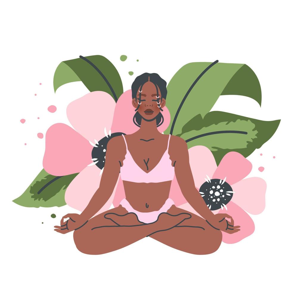 hermosa mujer de yoga aislada en el fondo de la naturaleza. pose de loto. joven negra en pose de yoga. práctica de meditación y respiración. ilustración de dibujos animados planos vectoriales para un estilo de vida saludable, deporte vector