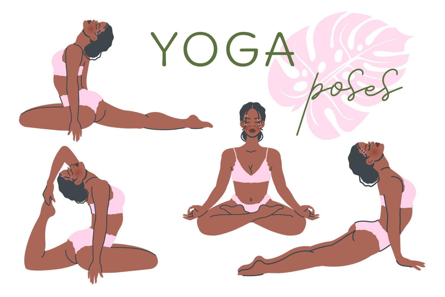 conjunto de posturas de yoga aislado sobre fondo blanco. joven negra en pose de yoga se extiende. práctica de meditación y respiración. ilustración plana vectorial para un estilo de vida saludable, deporte, pancarta, afiche vector