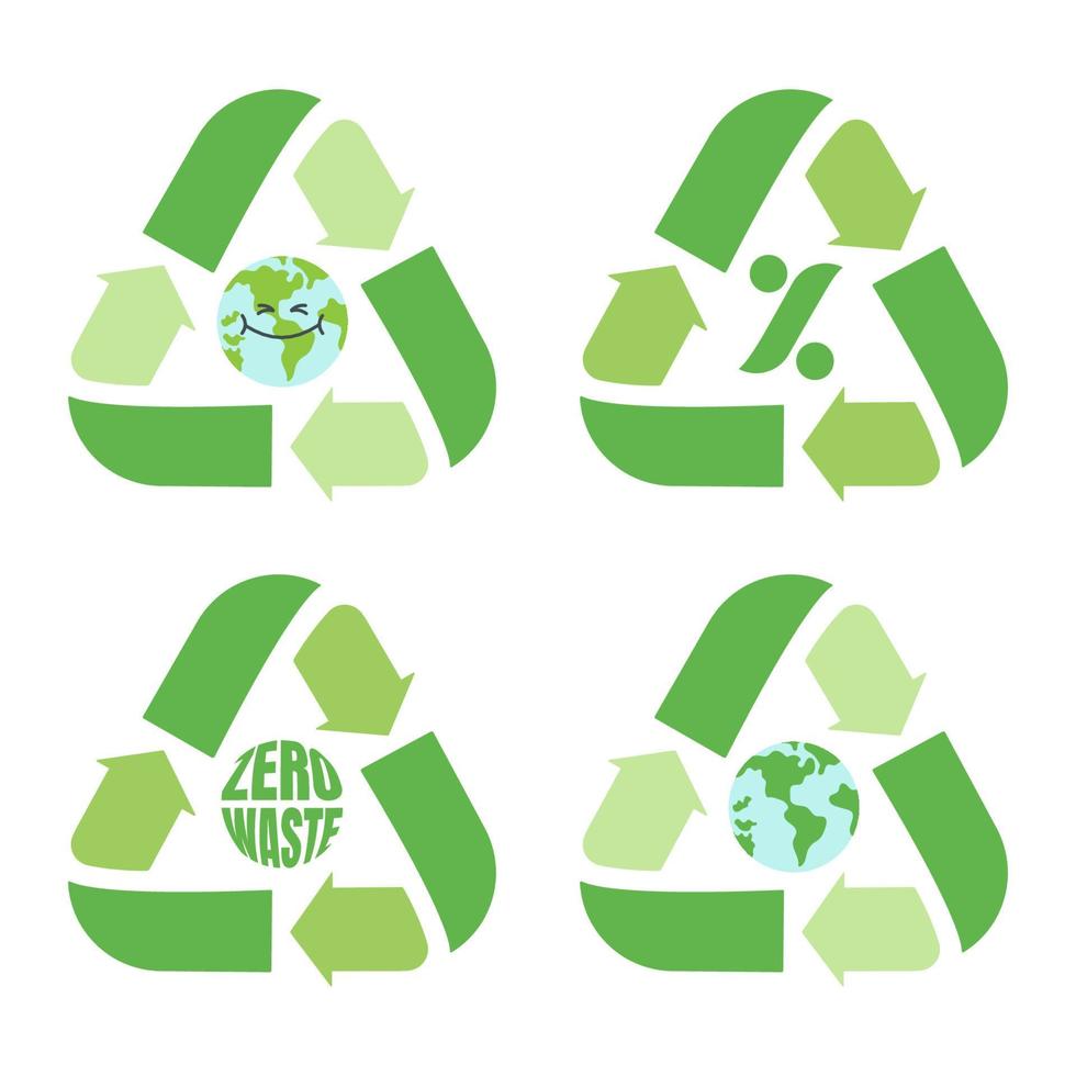 Set of recycling icon. Earth globe, zero waste. Save planet and ecology concept. Protection of ecology and environment. Vector flat cartoon illustration