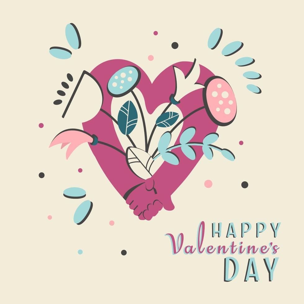 Valentine's Day greeting card in minimalism style. Lettering, Linear elements, plants, floral and hands  for decoration design, Postcard,  invitation. Romantic pink background.  Vector illustration.