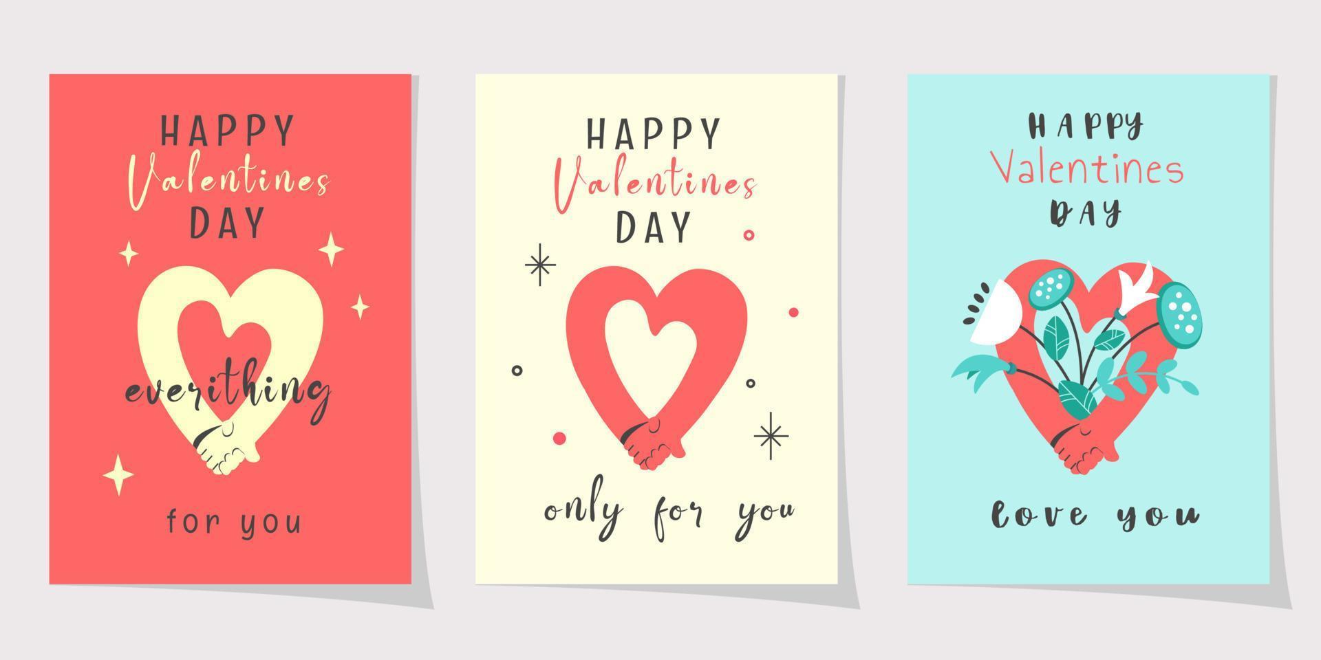 A set of minimalist Valentine's Day greeting cards. Two hands together. Lettering, heart, line elements, plants, flower to decorate cards, greetings, invitations. Romantic design. Vector illustration.