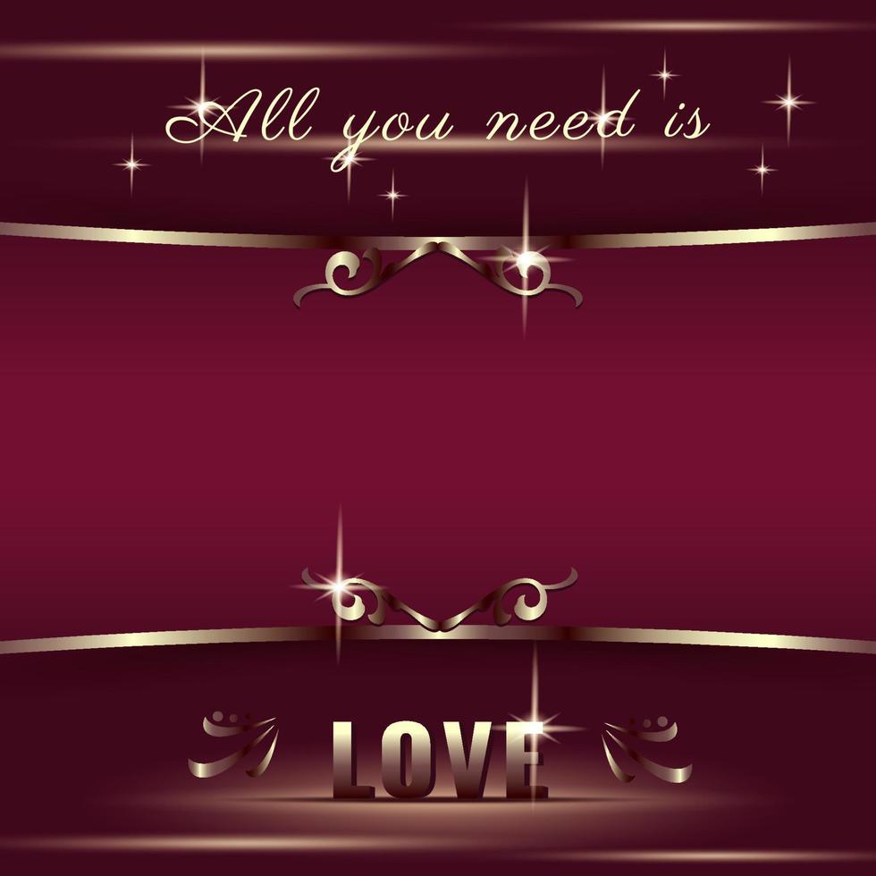 Valentine's Day background. Glowing gold frame text with light. Luxury vintage elegant template for a greeting card, romantic design. Vector illustration in realistic style.