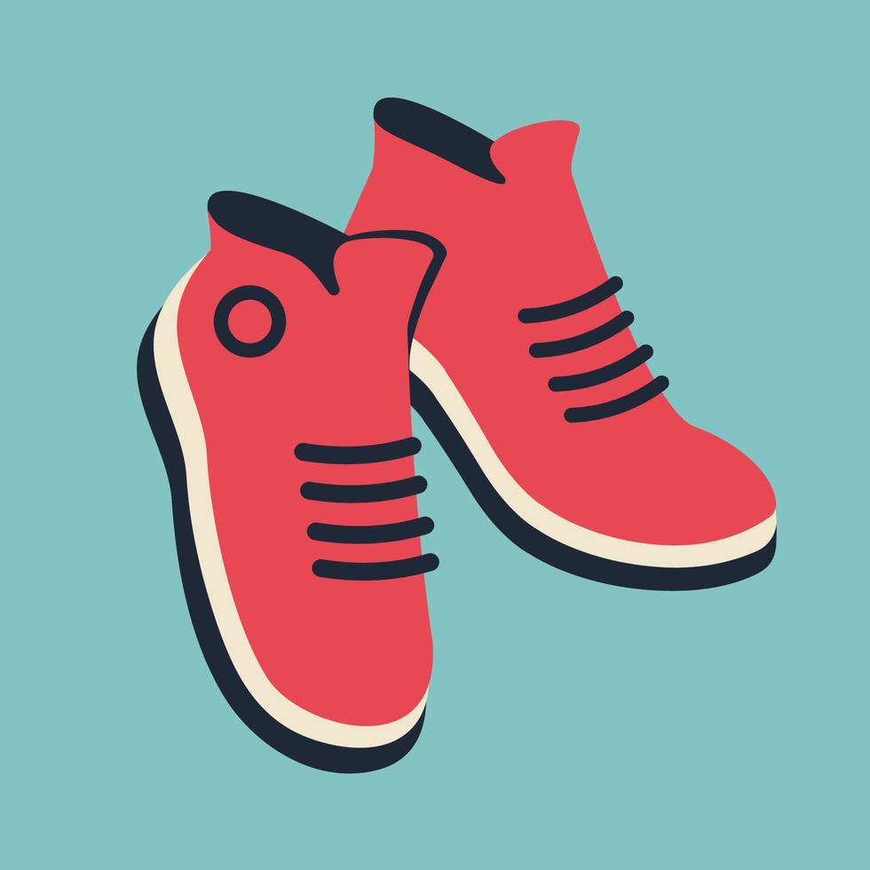 Modern trendy sneakers isolated on blue background. Fitness icon. Colorful red shoes in retro style. Vector flat illustration for healthy lifestyle, sport, web design, banner, poster, cover art