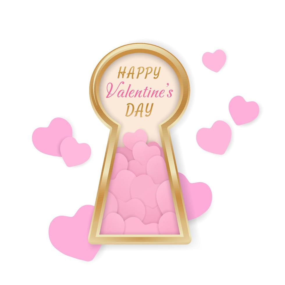 Valentine's Day greeting card. Golden keyhole and many pink hearts in realistic style isolated on white background. Key to my heart. Romantic holiday Design for greeting cards, invitations. Vector. vector