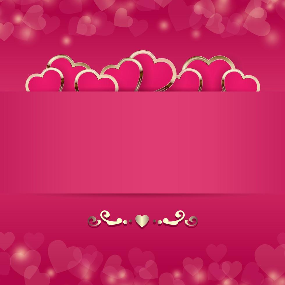 Pink bright background with glowing stars and lights. Frame for Text, holiday greetings, invitations. banners. in gold frame. Lots of pink bright hearts in gold frame. Vector illustration