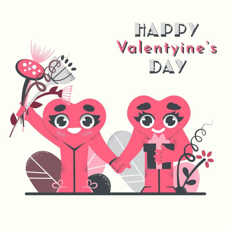 Valentines day card. Two happy smiling hearts holding hands. Cute Cartoon Characters with Gift and Bouquet of Flowers. Romantic design for cards, invitations, wedding greetings. Vector illustration.