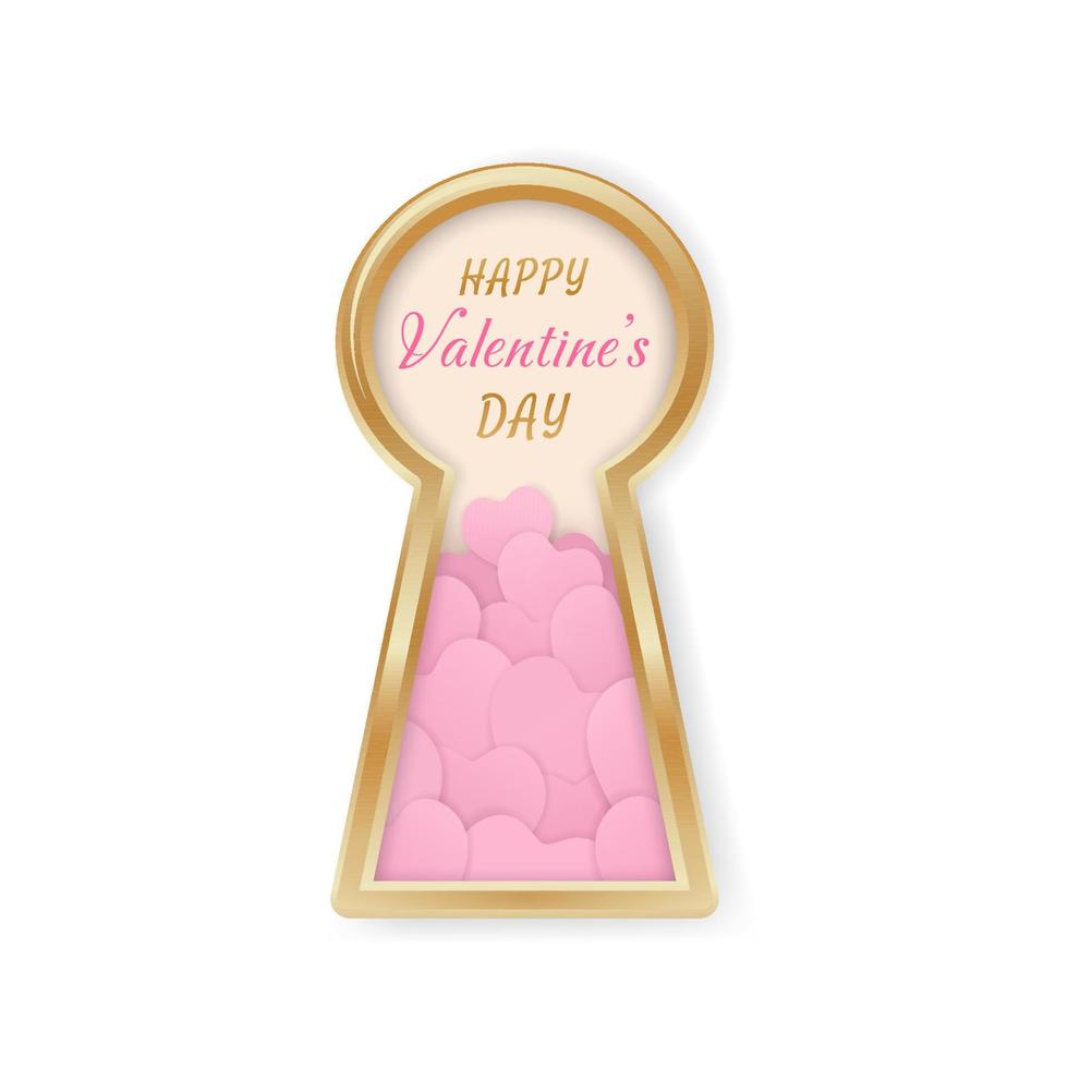 Valentine's Day greeting card. Golden keyhole with many pink hearts  in realistic style isolated on white background. Key to my heart. Romantic holiday Design for greeting cards, invitations. Vector. vector