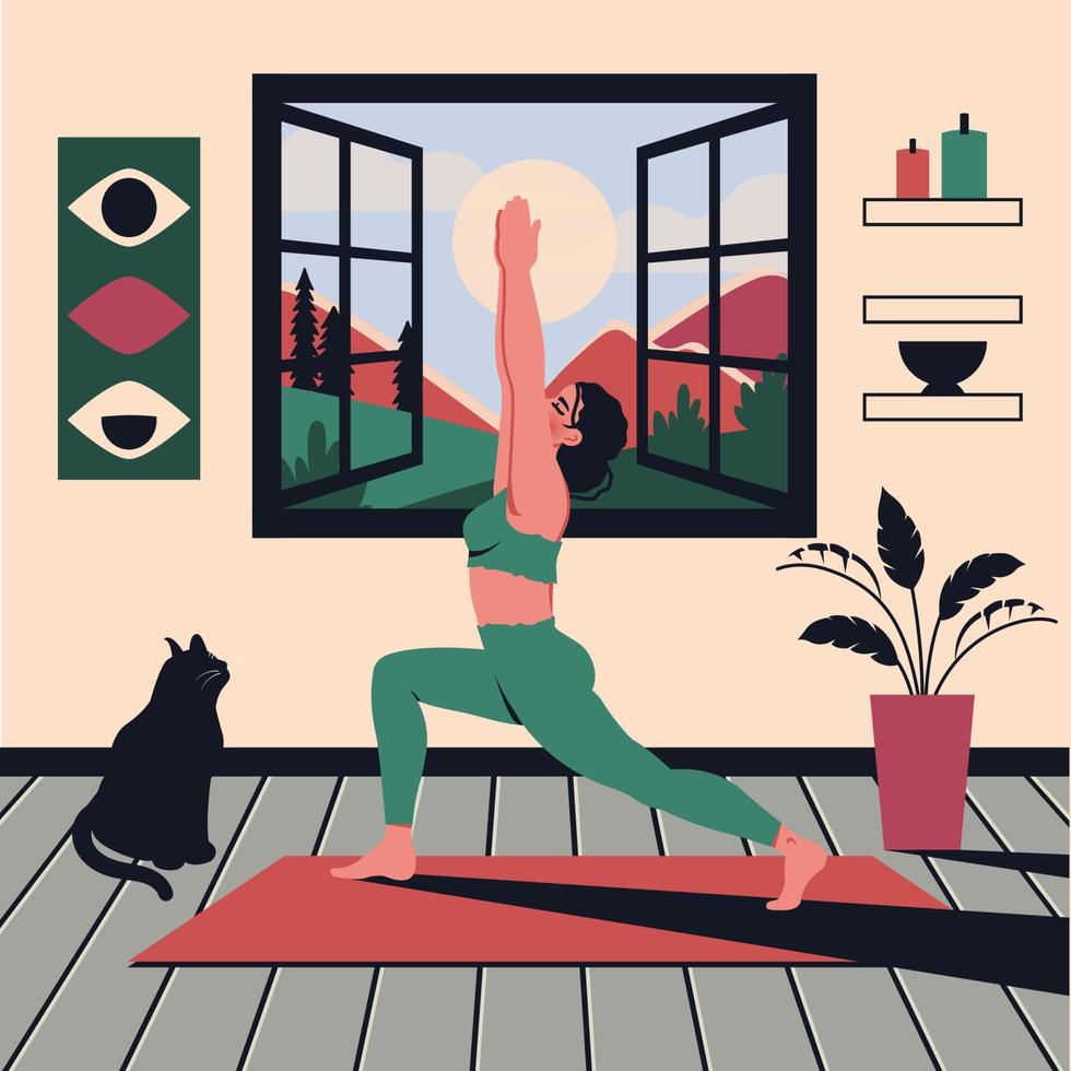 Beautiful yoga woman at home. Young yoga girl stretches indoor. Female character does meditation practice in room with black cat. Interior design. Vector flat cartoon illustration of healthy lifestyle
