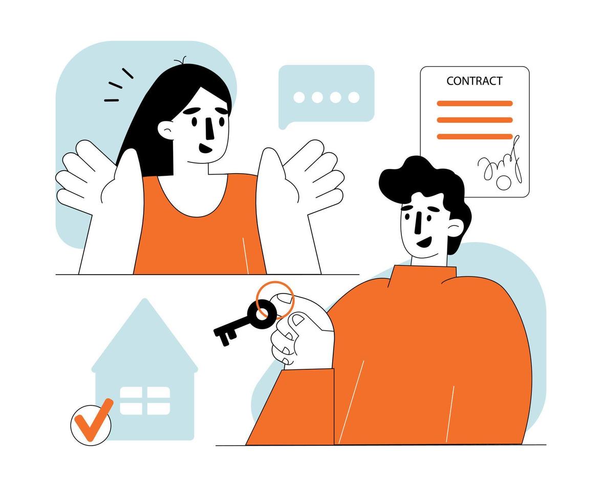 Real estate agent. Real estate business concept of a deal. Concept of Rent Real Estate, Home for Rent. Vector illustration for Web Design, Landing Page.