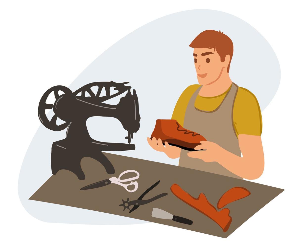 A male shoemaker polishes the top of a shoe. Fashion designer, shoe repairman. Shoe tailoring concept. vector