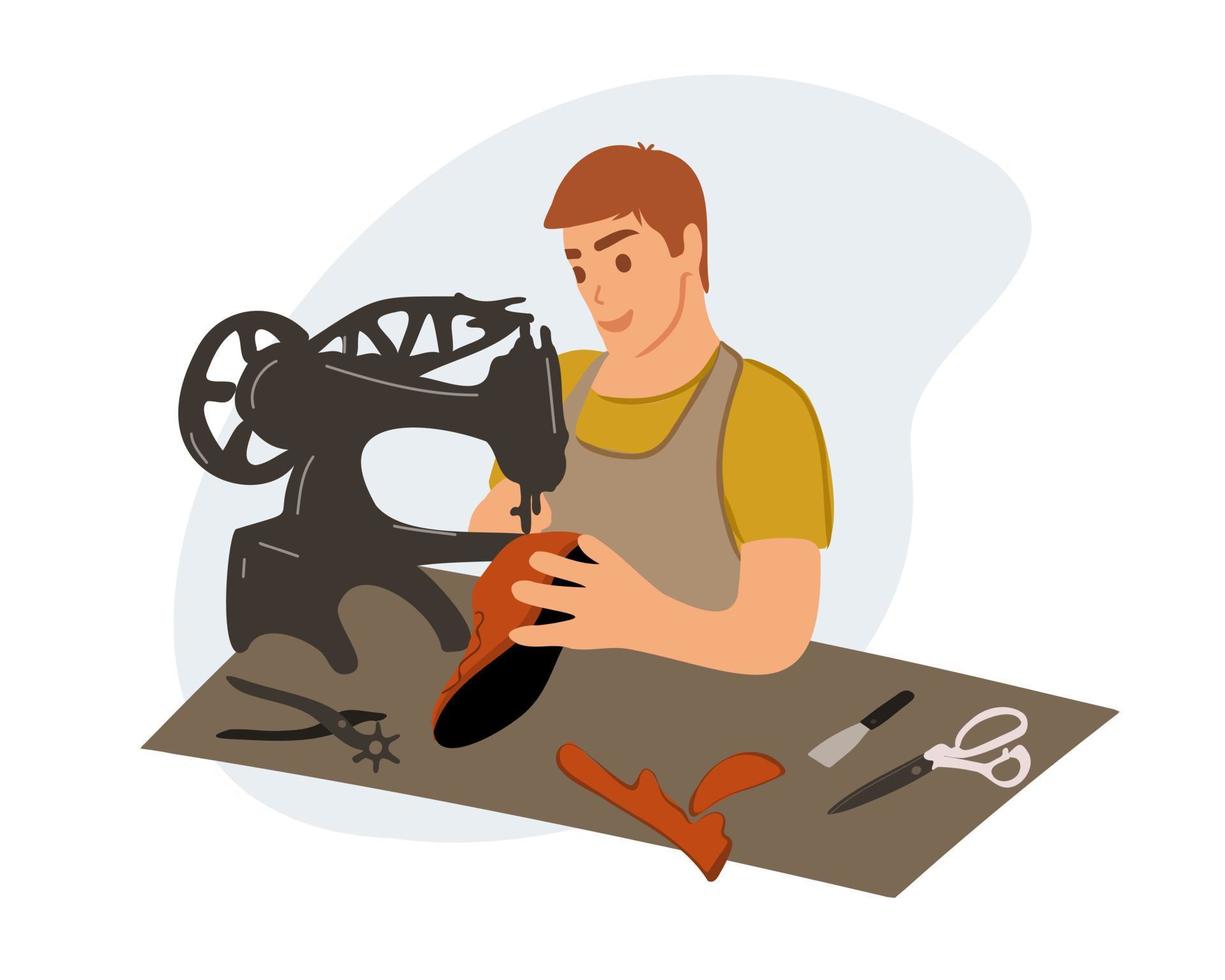 A male shoemaker collects the top of the shoe, sews it on a sewing machine. Fashion designer, shoe repairman. Shoe tailoring concept. vector