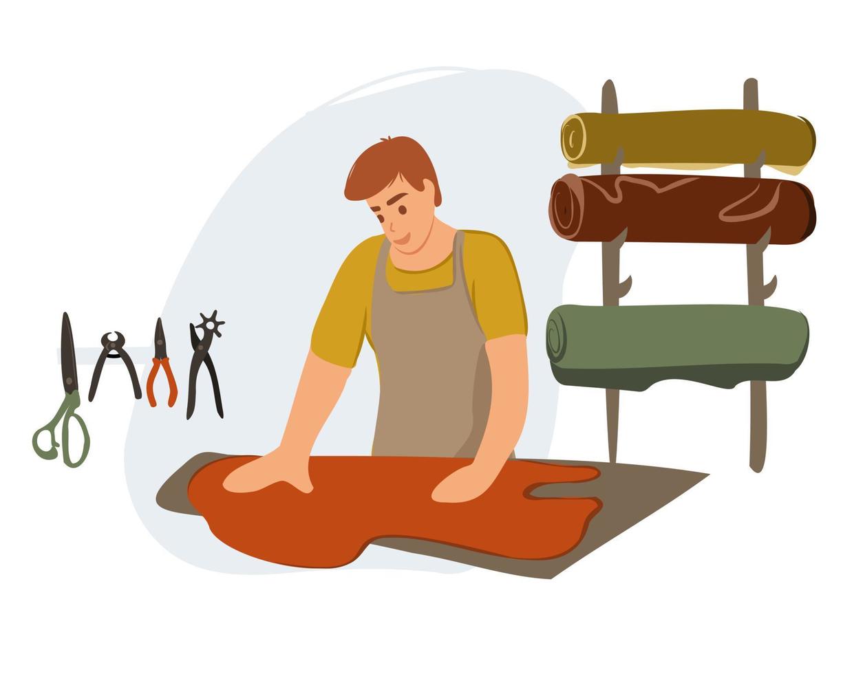 A male shoemaker cuts out details for a future product. Fashion designer, shoe repairman. Leather products with their own hands. Shoe tailoring concept vector