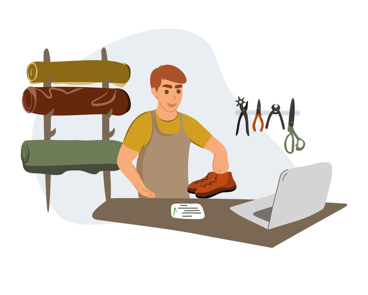 A male cobbler gives out repaired shoes. Making an online order. Fashion designer, shoe repairman. Shoe tailoring concept vector