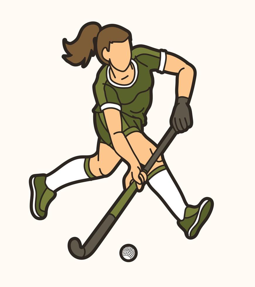 hockey sobre césped deporte hembra jugador corriendo acción dibujos animados gráfico vector