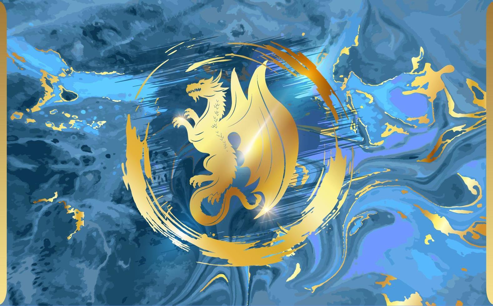 Golden dragon in a ring on a blue background. vector