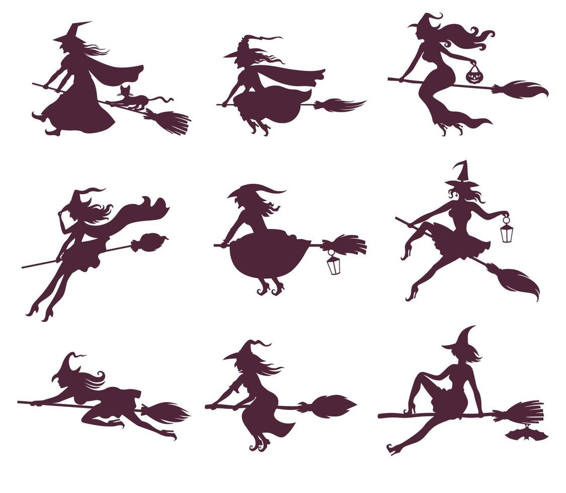 Set of silhouettes of Halloween witches on broomsticks vector