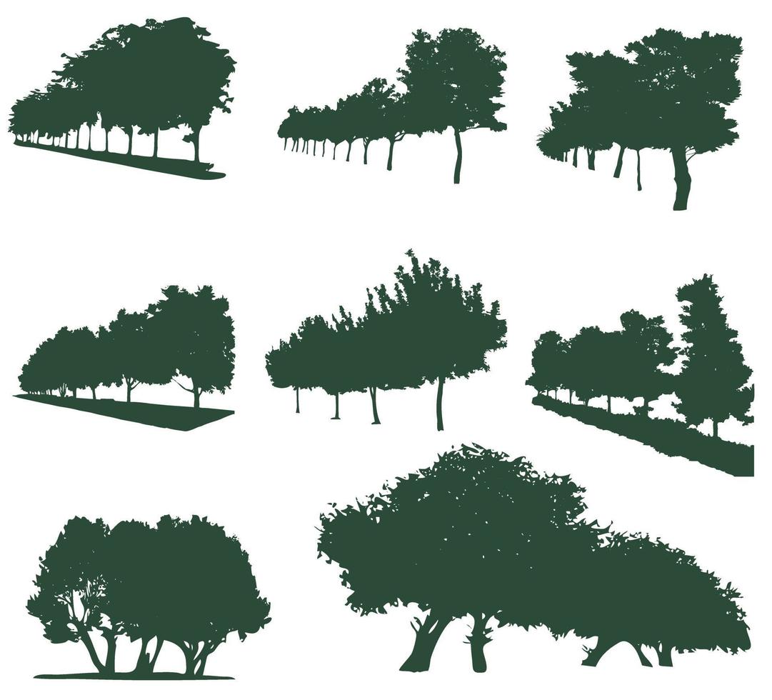 conjunto de siluetas de árboles caducifolios de parques y bosques vector