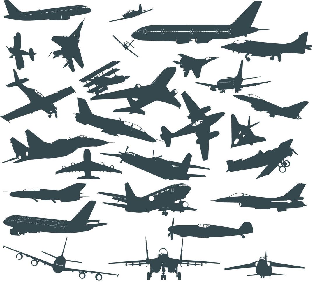 Big set of silhouettes of different planes vector