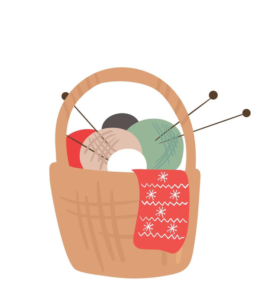 Illustration of a basket with knitting threads. Knitting vector illustration for postcard, magazine, web, advertisement.