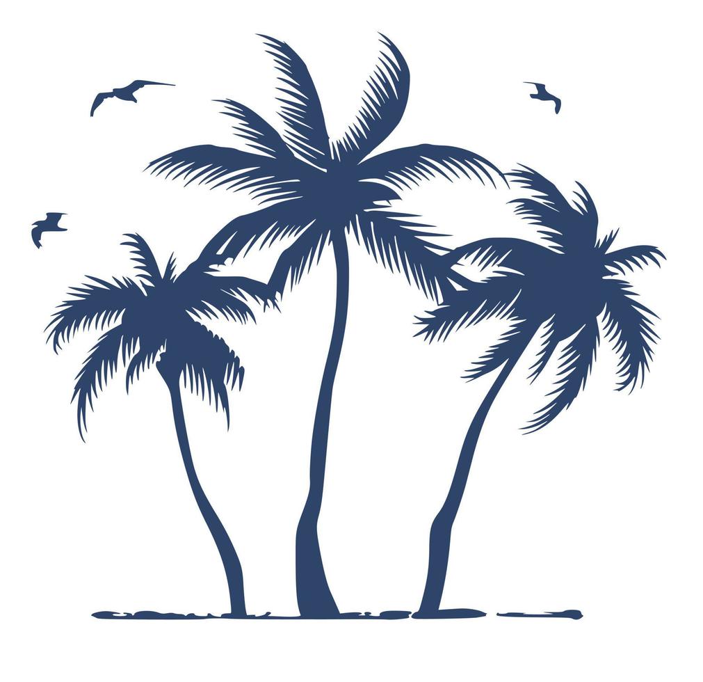 Three palm trees grow nearby on the beach vector