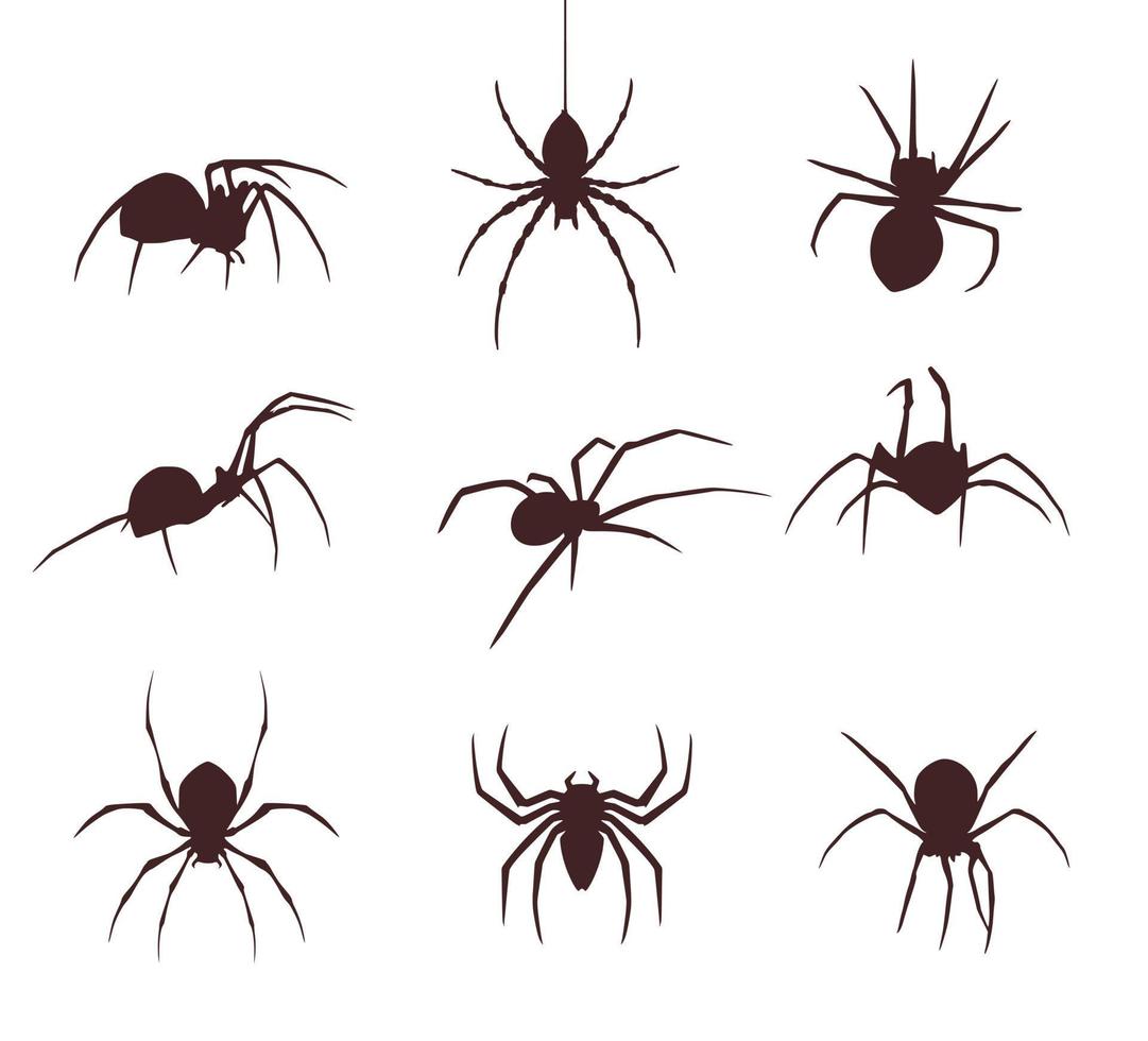 Set of nine silhouettes of spiders vector
