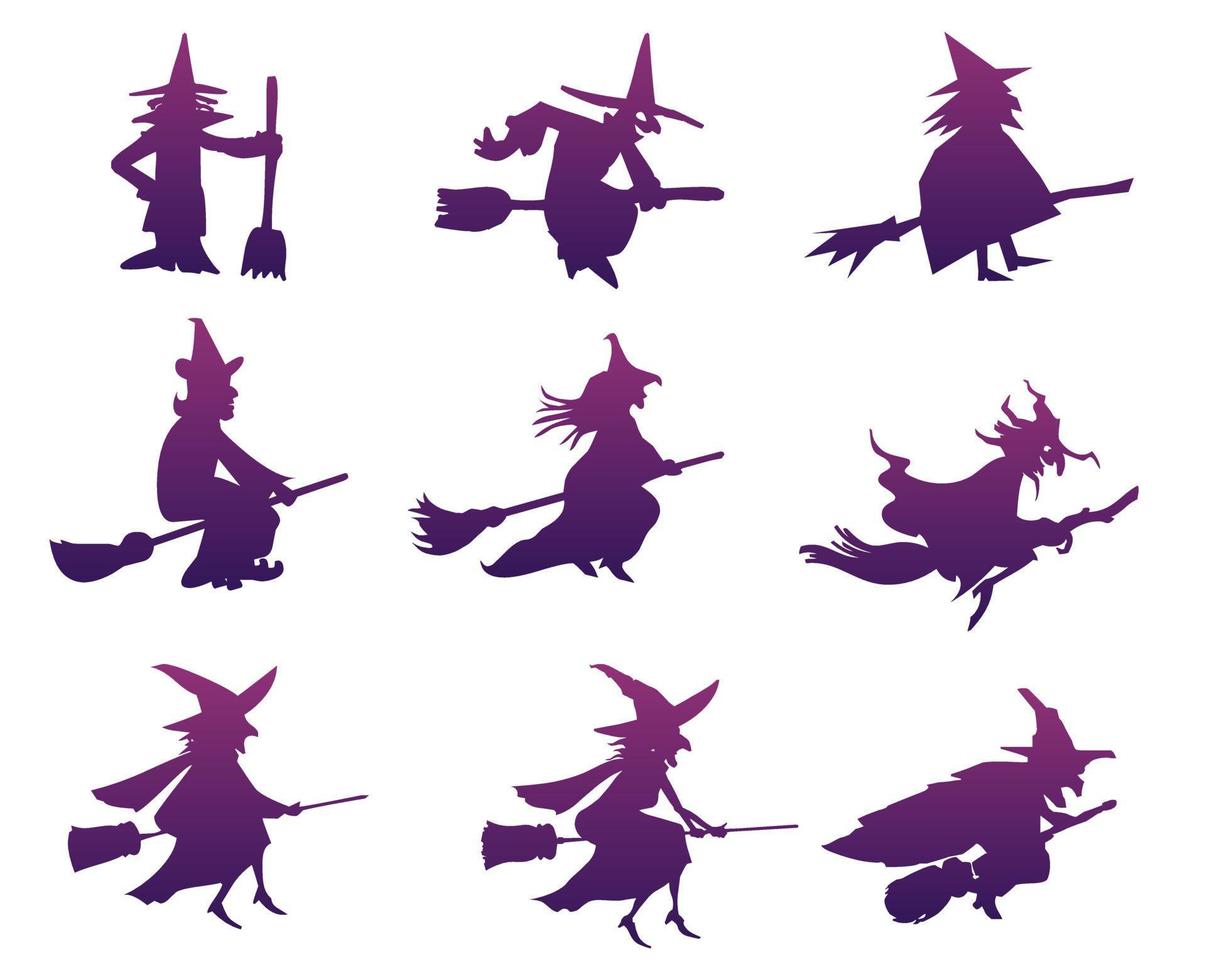 conjunto de siluetas de brujas de halloween con escobas vector