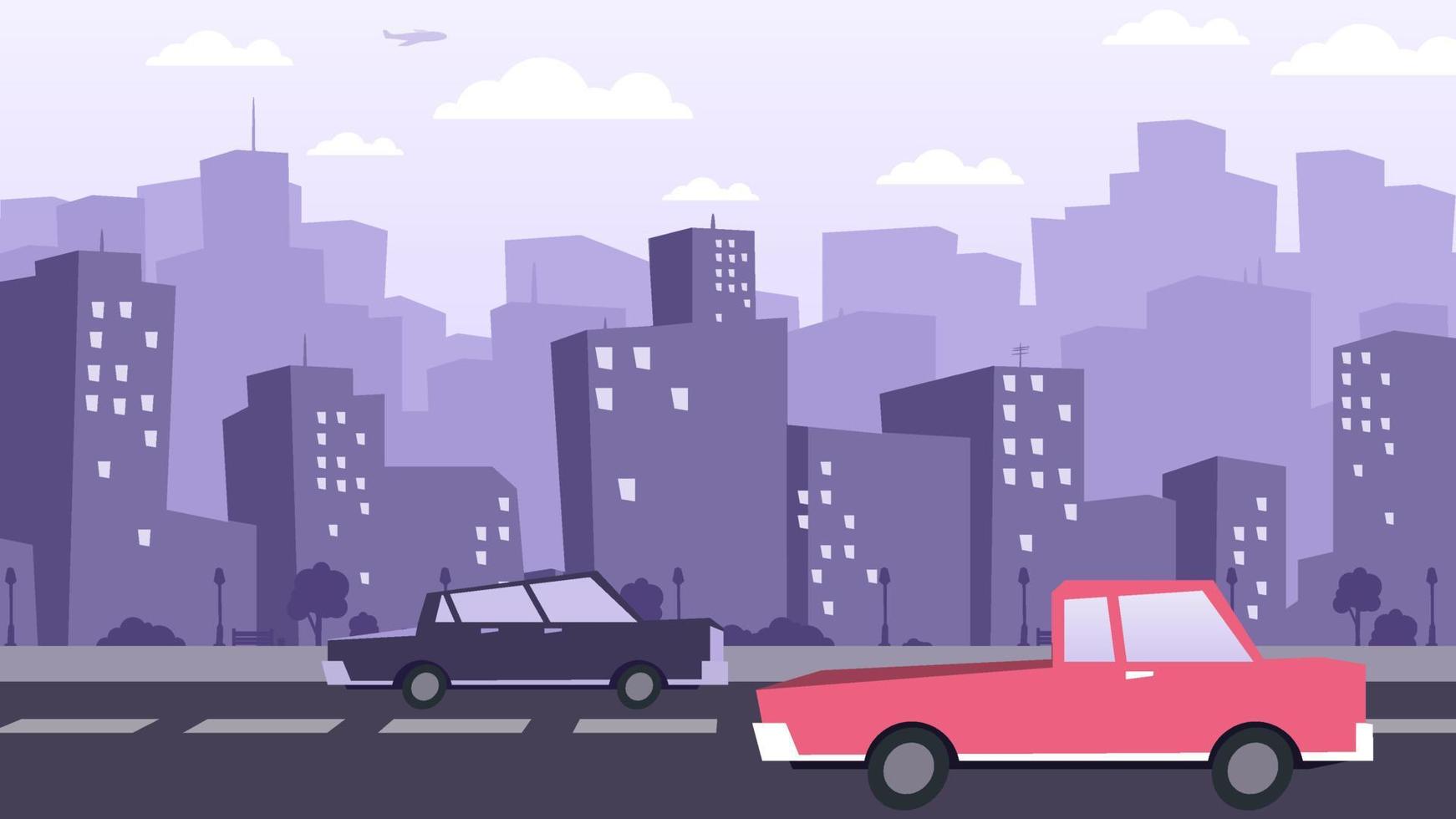 ilustración de la ciudad de dibujos animados, la carretera y los coches vector