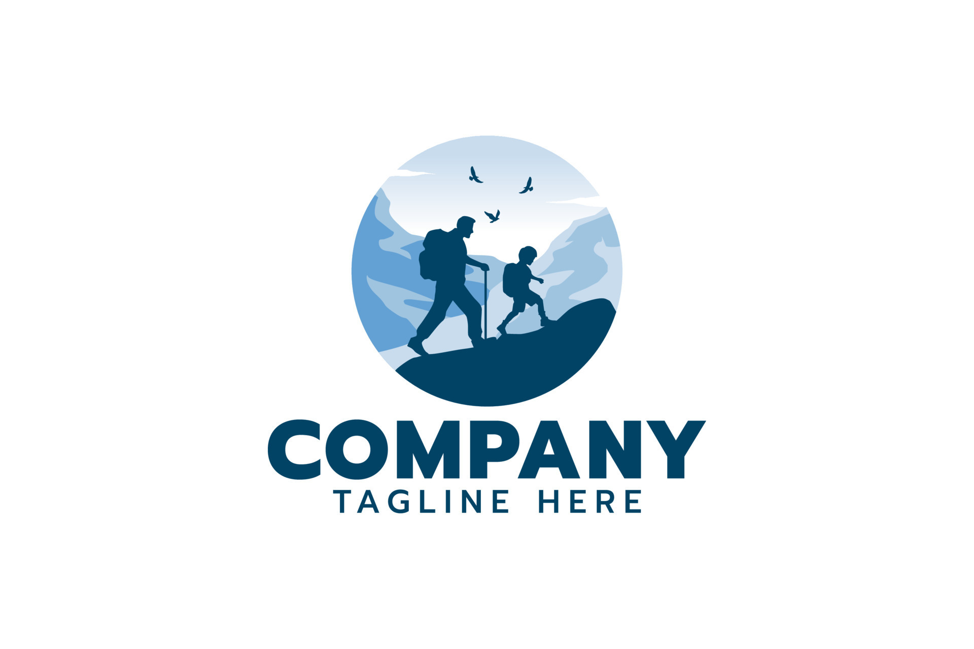 hiking logo with silhouette of a father hiking with his son. 11754907