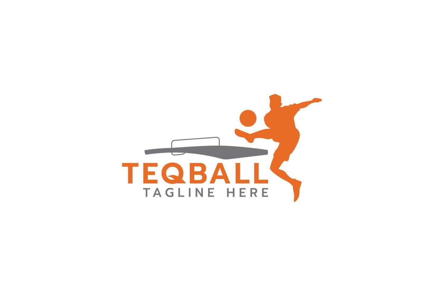 logotipo de teqball con silueta de persona saltando en el juego de teqball. vector