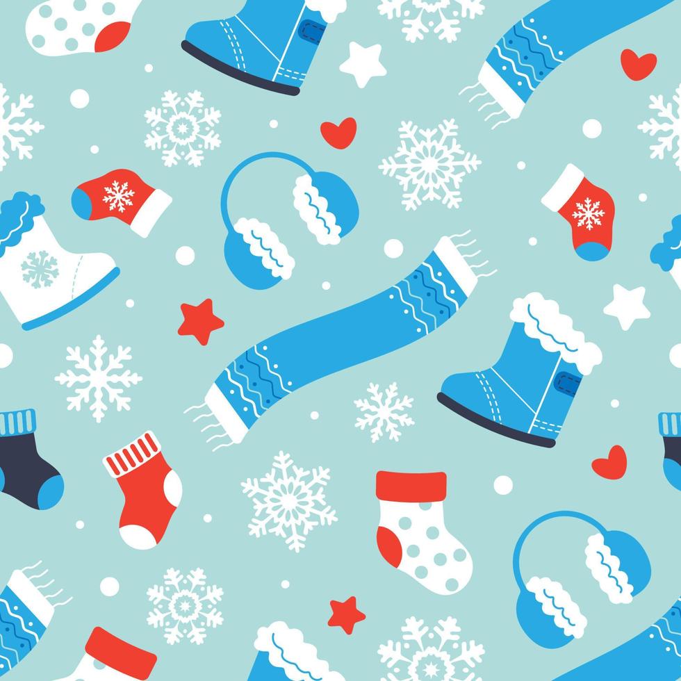 Cute New year and Christmas seamless Pattern. Winter Clothes, vector illustration. Gift wrapping paper. Concept of winter holiday.