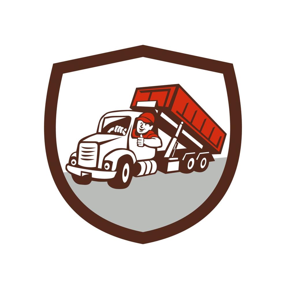 roll-off bin camión conductor pulgares arriba escudo dibujos animados vector