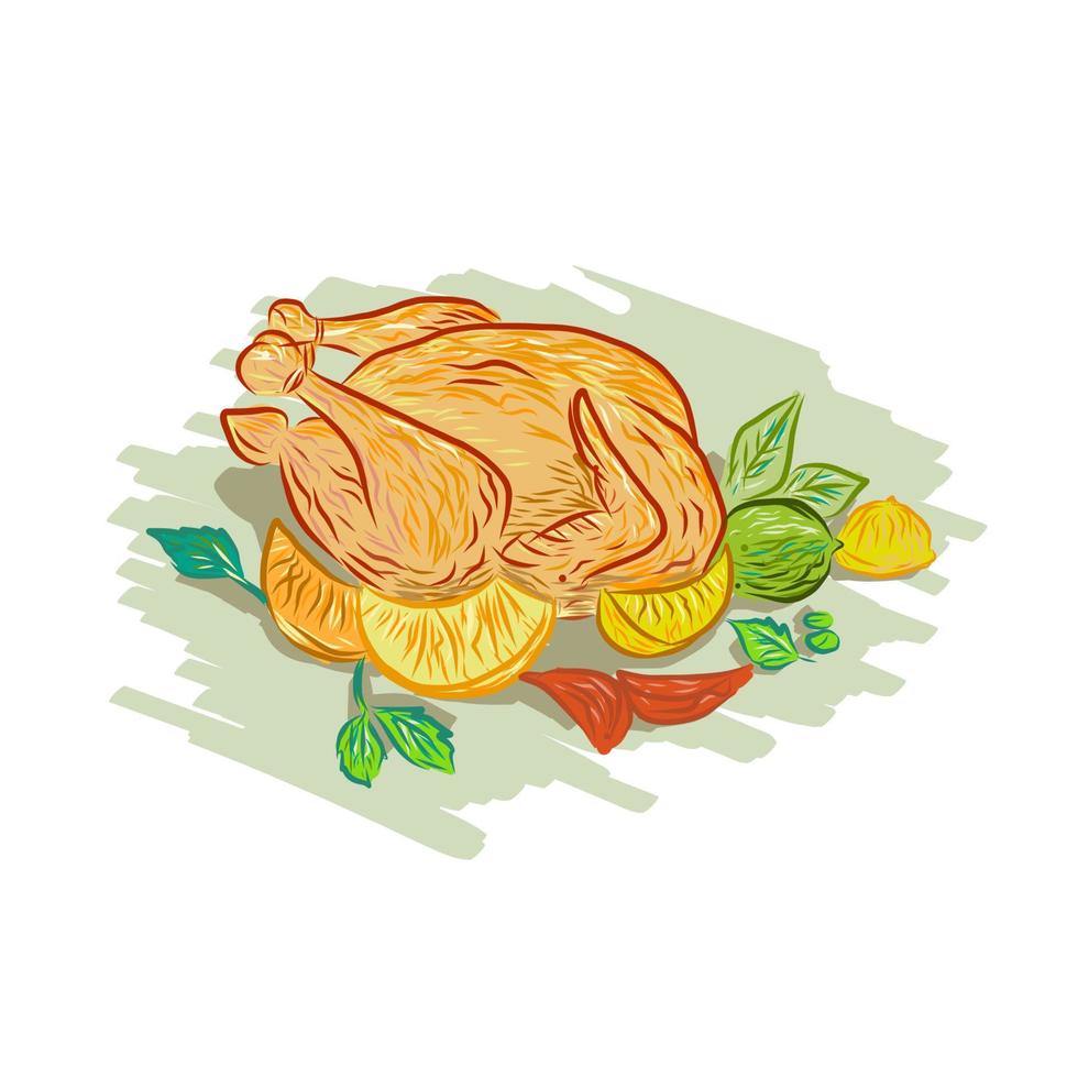 Roast Chicken Vegetables Drawing vector