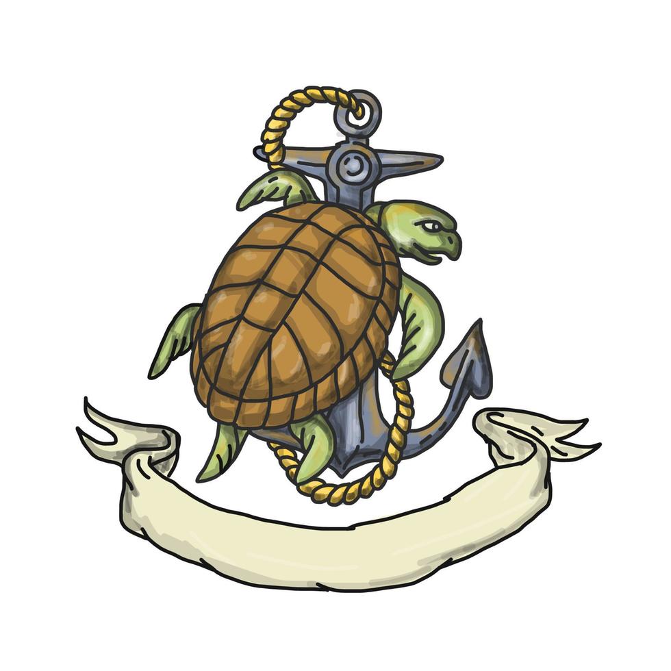 Ridley Sea Turtle on Anchor Drawing vector